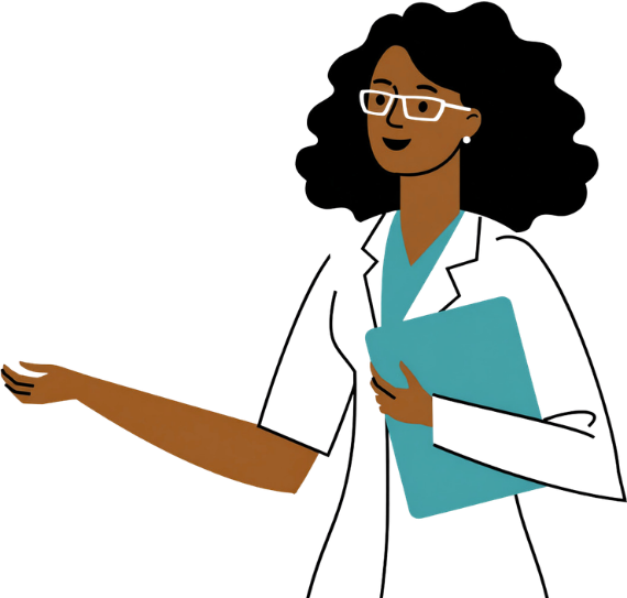 A Black person in a white lab coat and glasses holds a blue folder and gestures with their left hand.